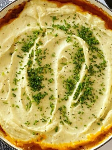 Casserole dish of baked Shepherd's Pie.