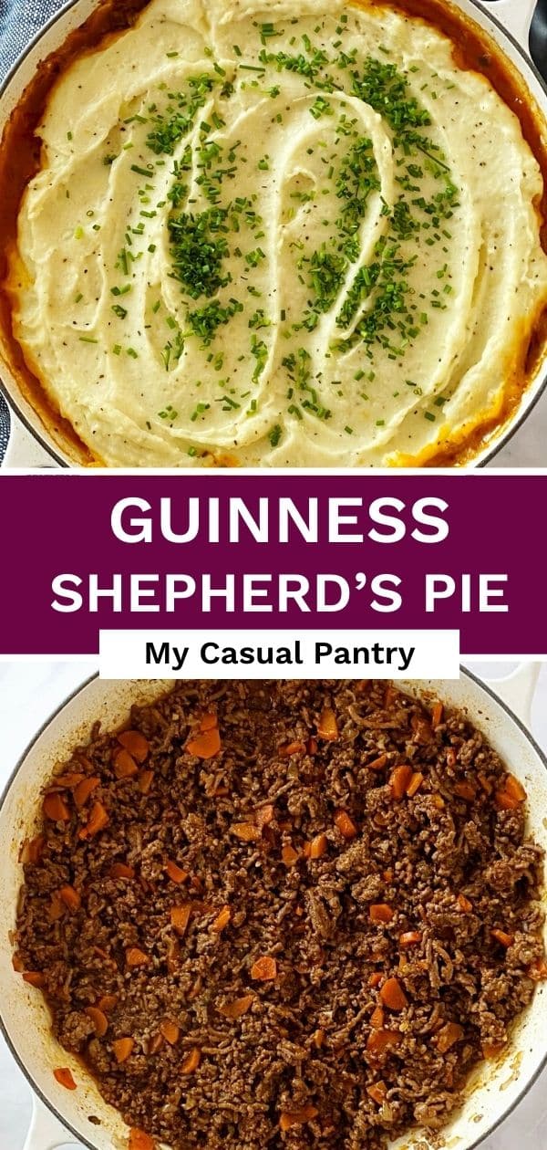 Skillet of Shepherd's pie and a skillet of meat filling.
