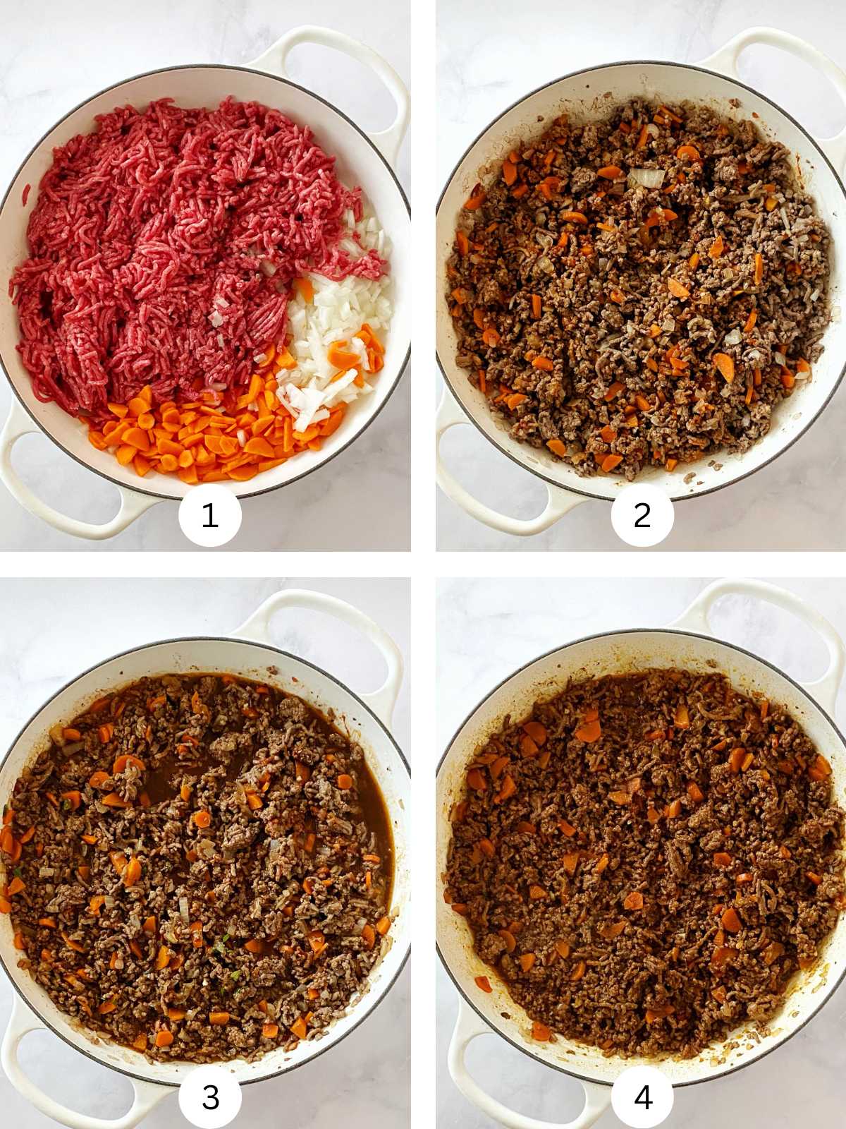 Cooking beef, carrots, and onions and adding seasonings and beer.