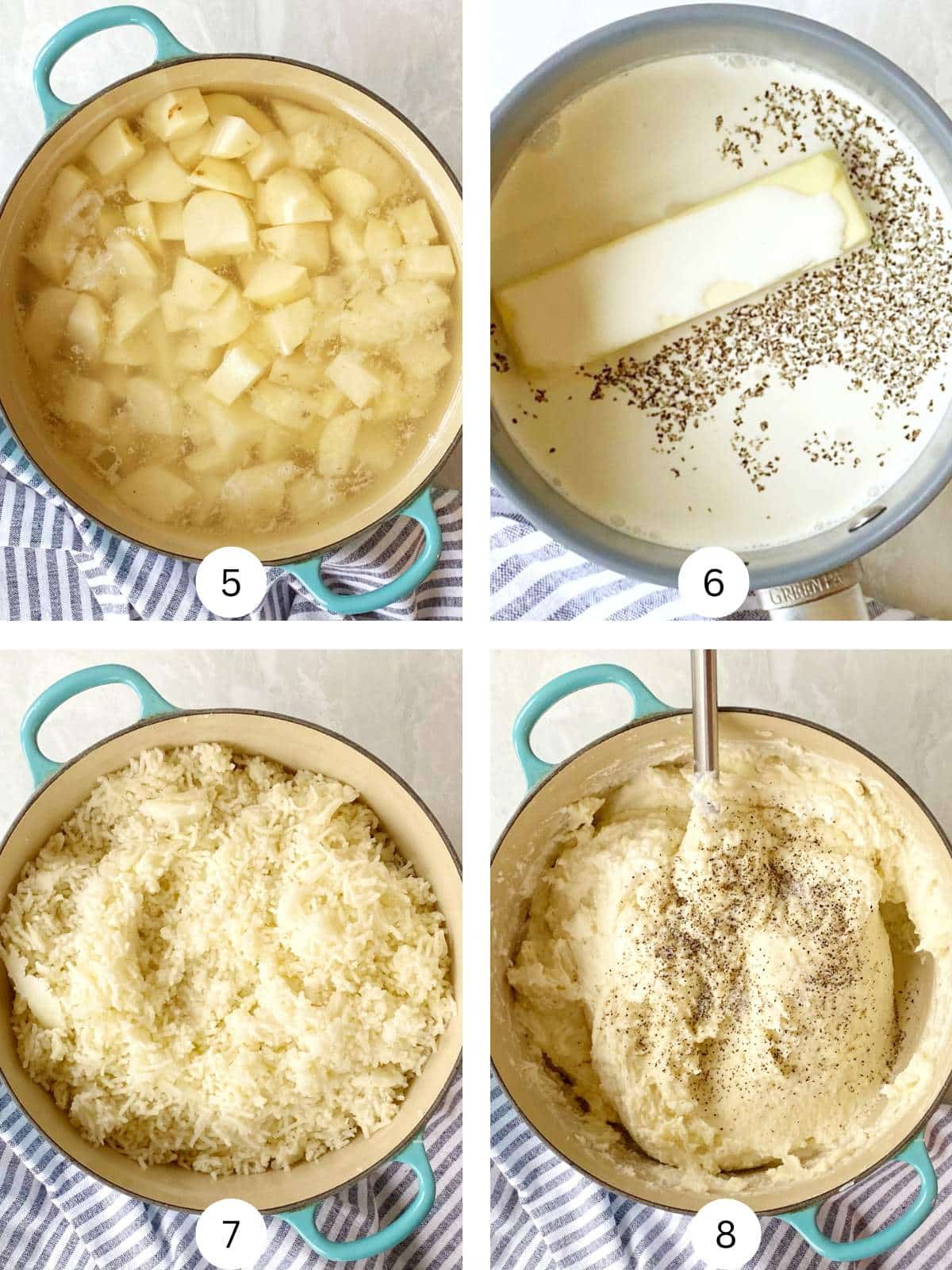 Boiling, ricing, and mixing potatoes with cream, butter, and cheese.