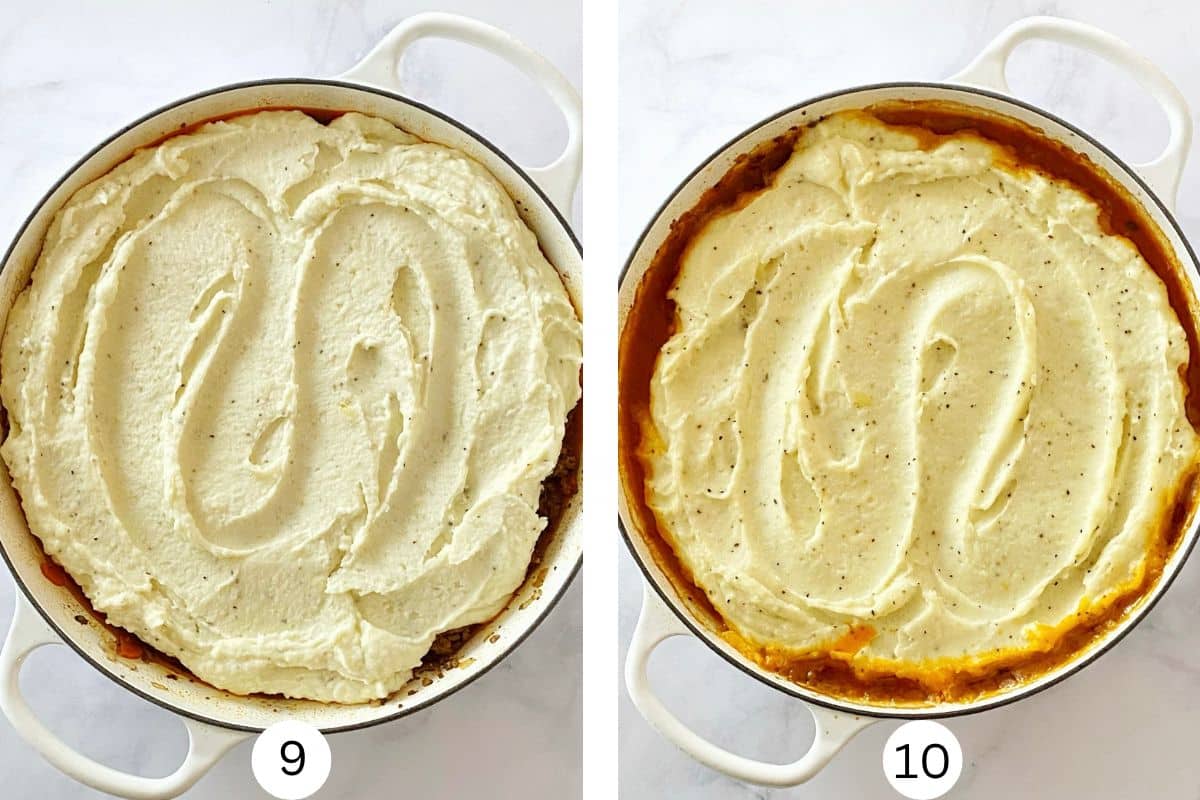 Shepherd's pie topped with mashed potatoes before and after baking.