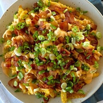 Loaded cheese fries garnished with scallions on a platter.