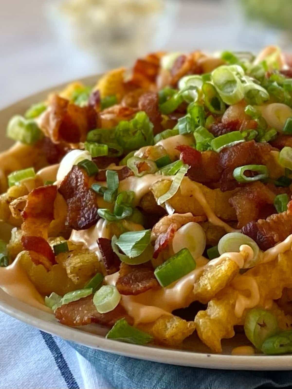 Fries topped with cheese sauce, bacon, and scallions on a serving platter.