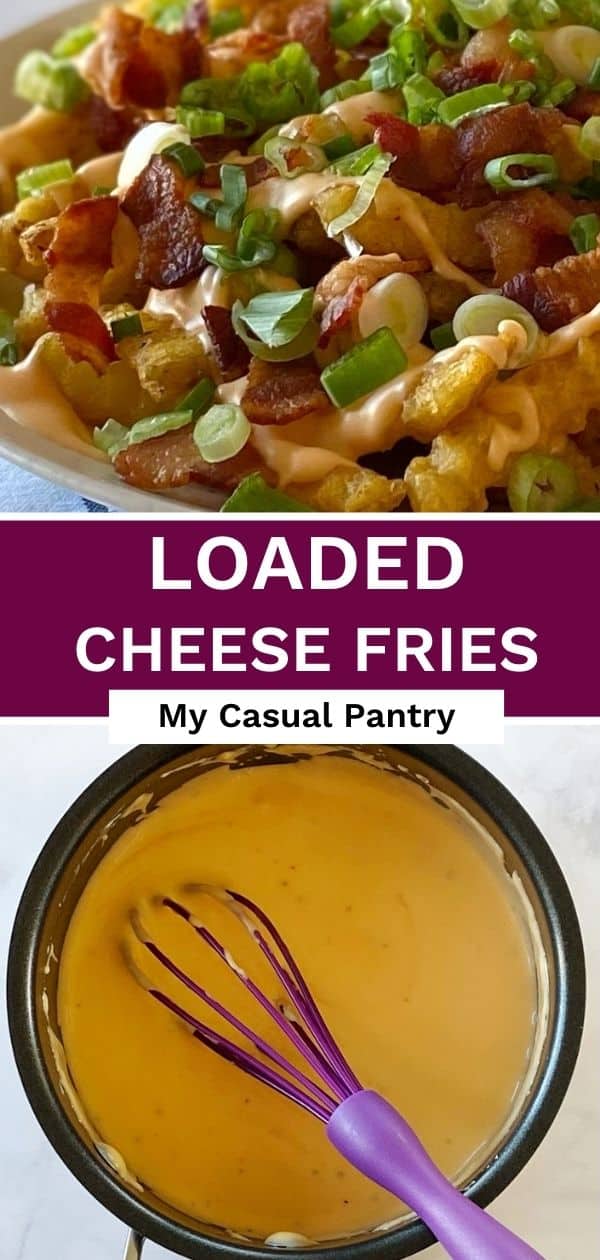 A plate of cheese fries and a saucepan of cheese sauce.