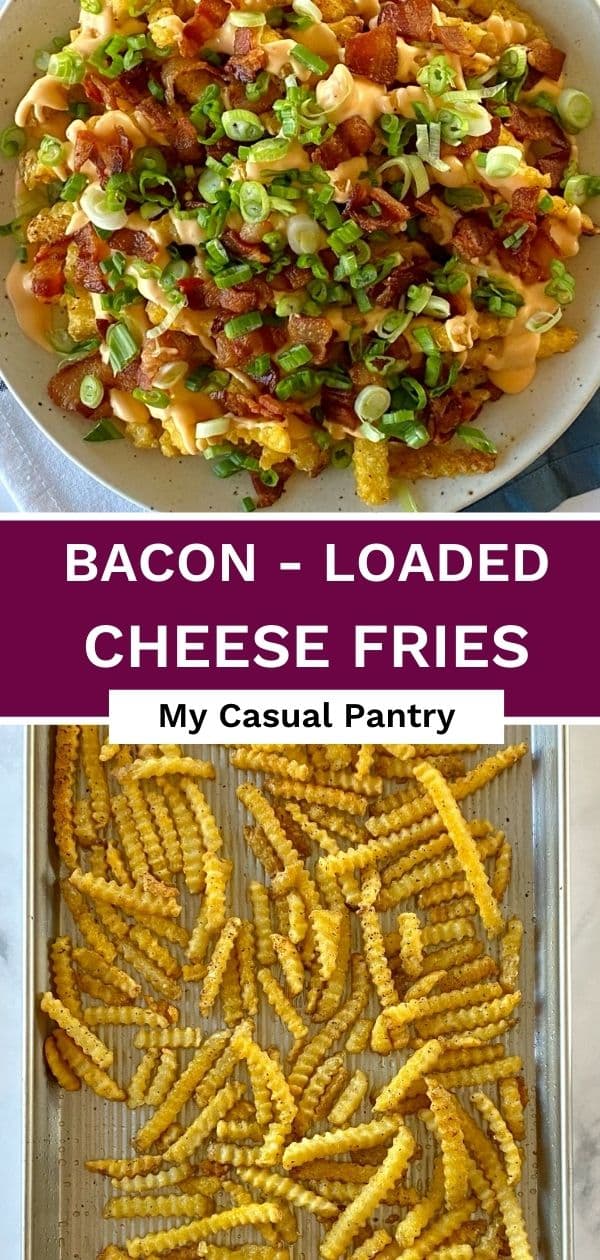 Platter of fries topped with cheese and bacon and a sheet pan of french fries.