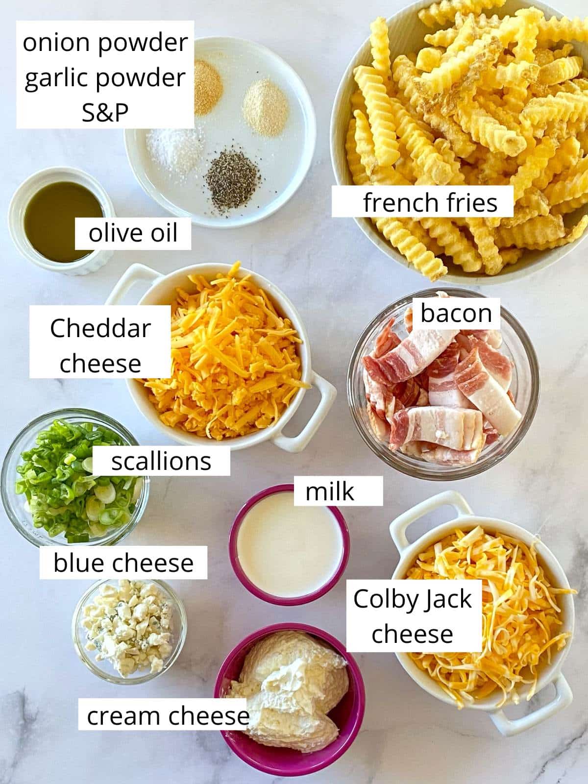 Ingredients for loaded cheese fries.
