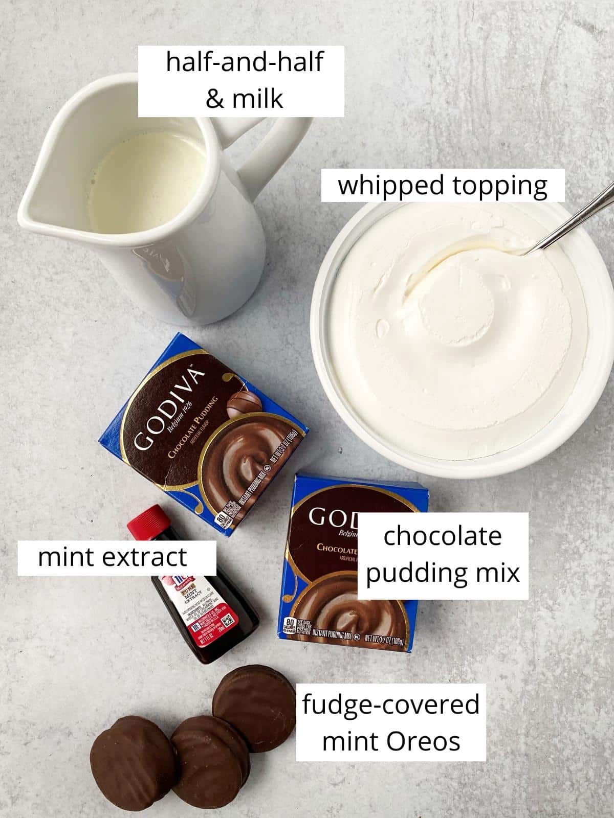 Ingredients for chocolate mint pie filling.