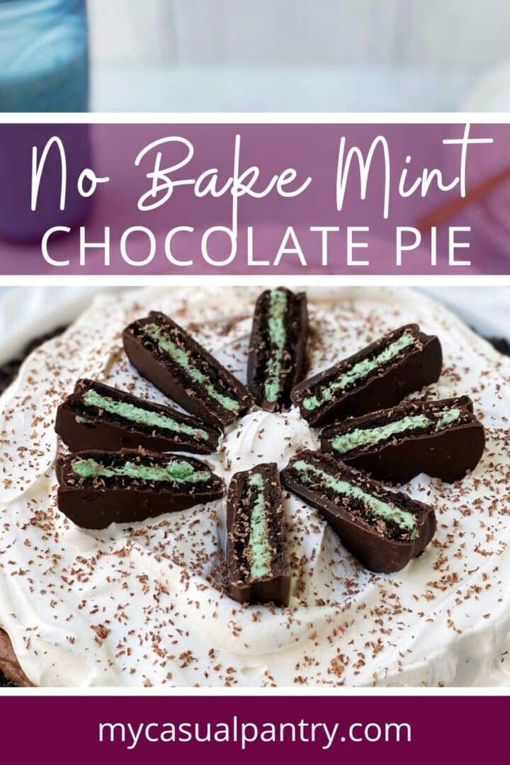 Mint pie garnished with mint Oreo cookies and chocolate shavings.