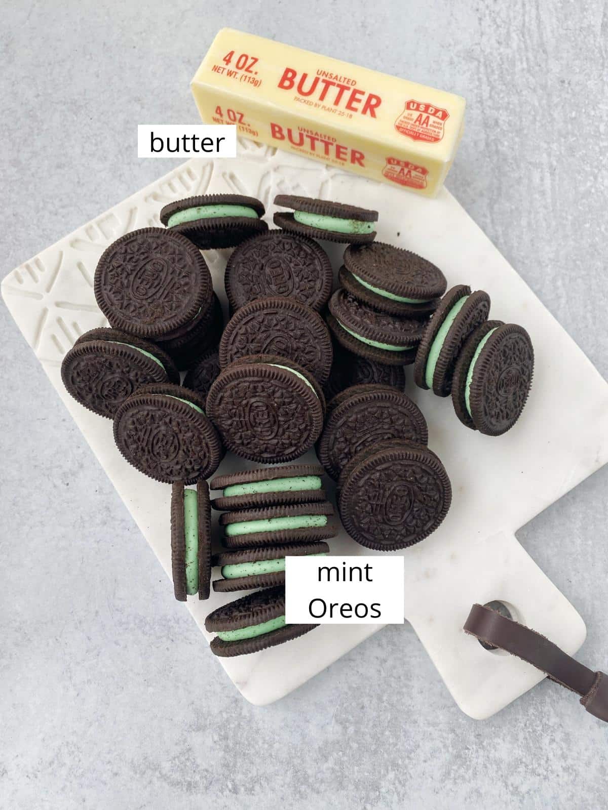 Ingredients for mint Oreo pie crust.
