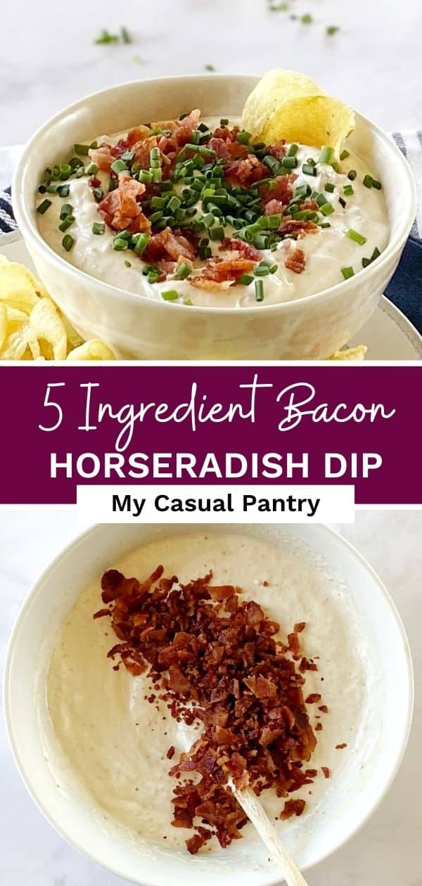Bowl of dip with chips and adding bacon to a mixing bowl of dip.