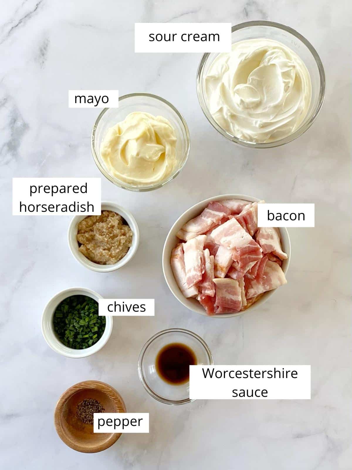 Ingredients for bacon horseradish dip.