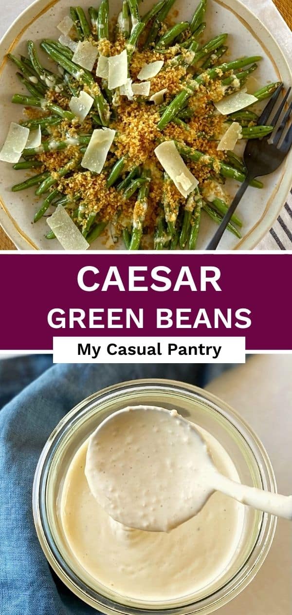 A platter of green beans and a jar of Caesar dressing.