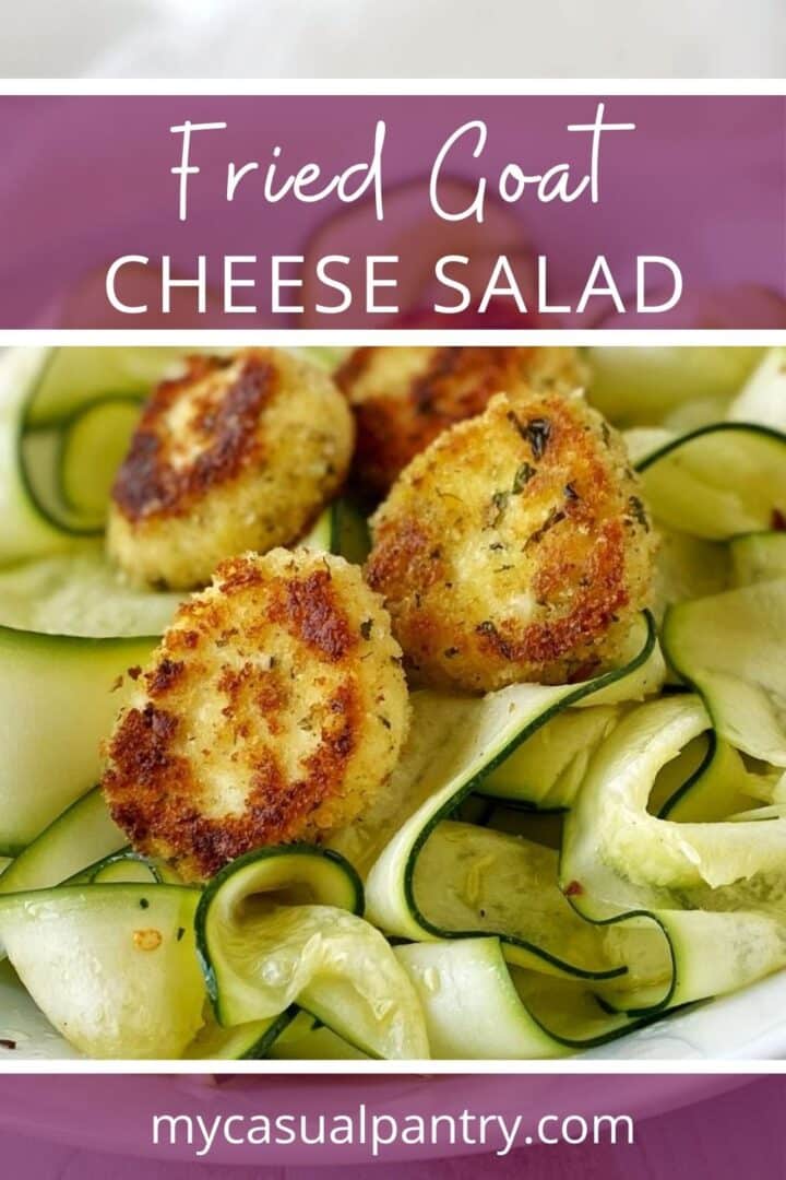 Thin-sliced zucchini topped with fried slices of goat cheese.