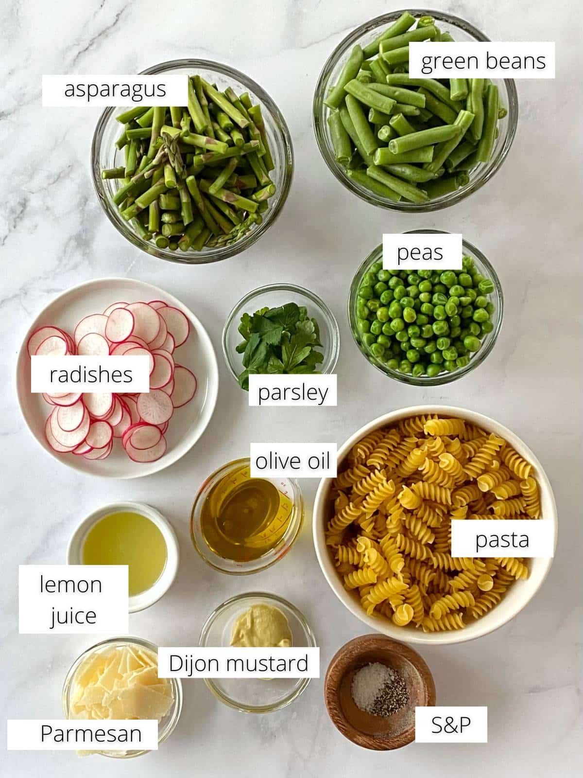 Ingredients for primavera pasta salad.