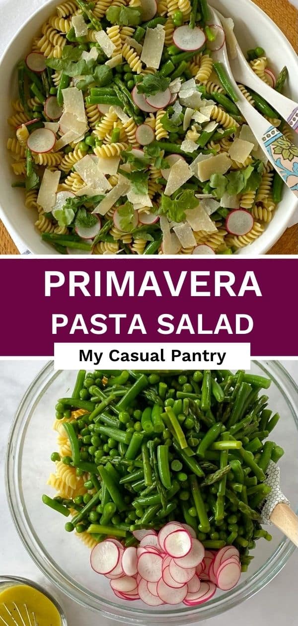 A bowl of pasta salad and a mixing bowl with the salad ingredients added.