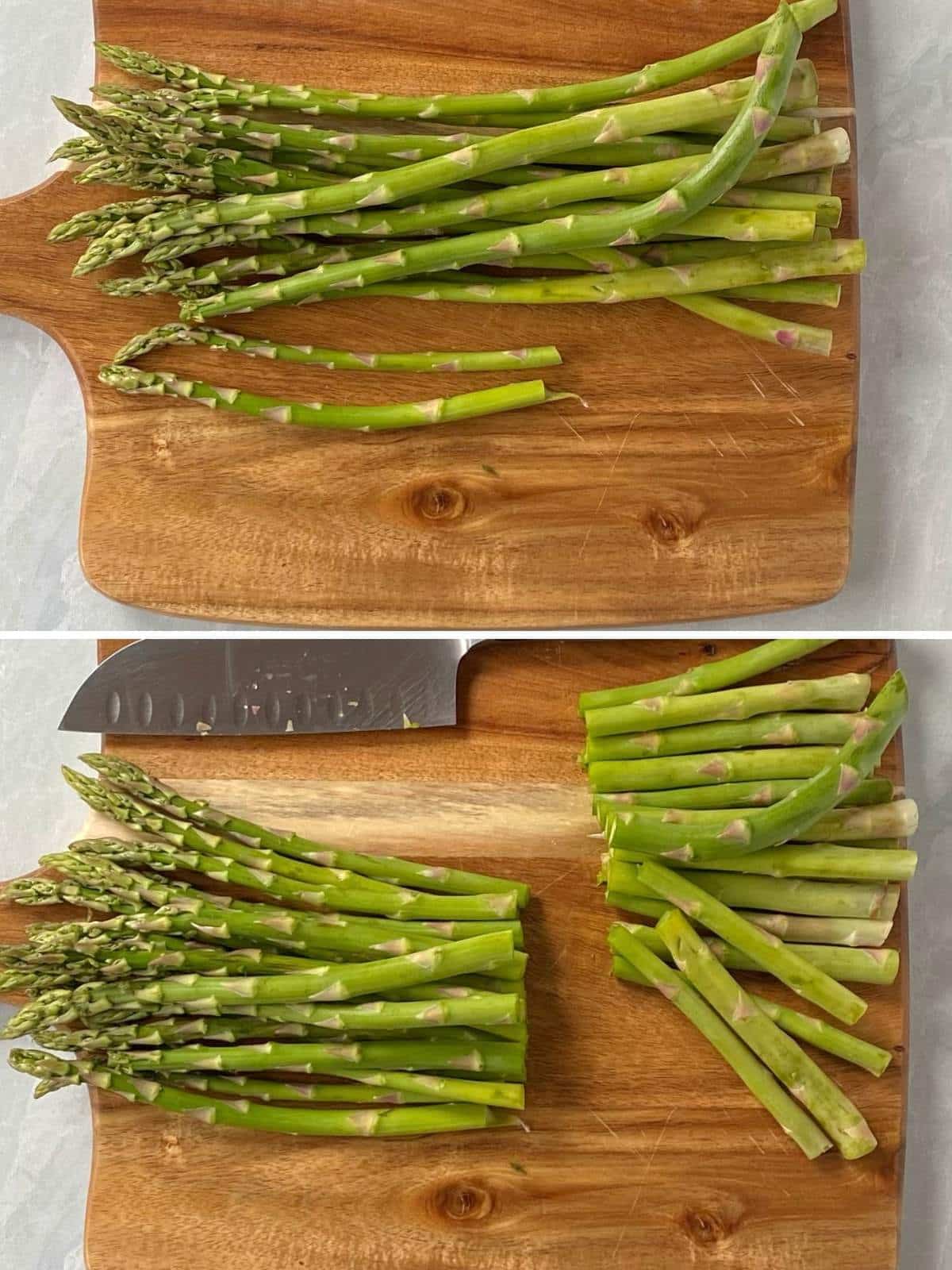 Trimming asparagus on a cutting board.