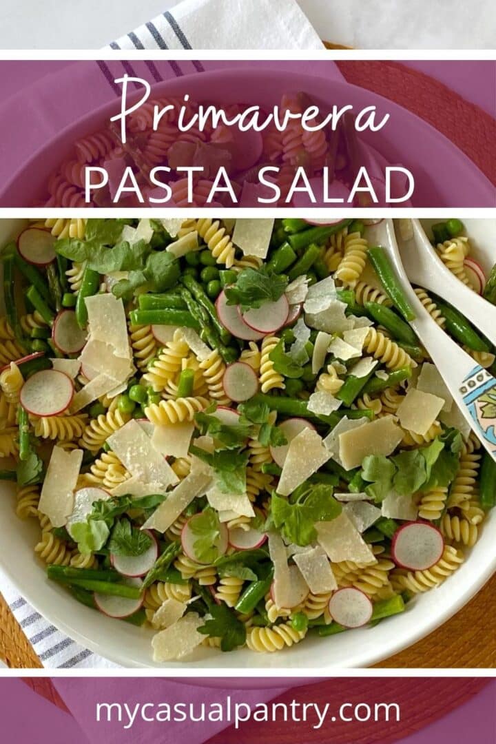 Pasta primavera salad in a serving bowl.
