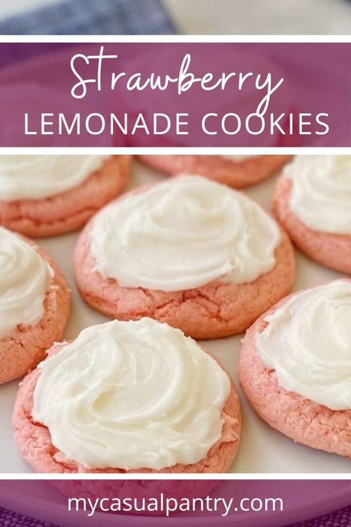 A plate of strawberry cookies with lemon frosting.