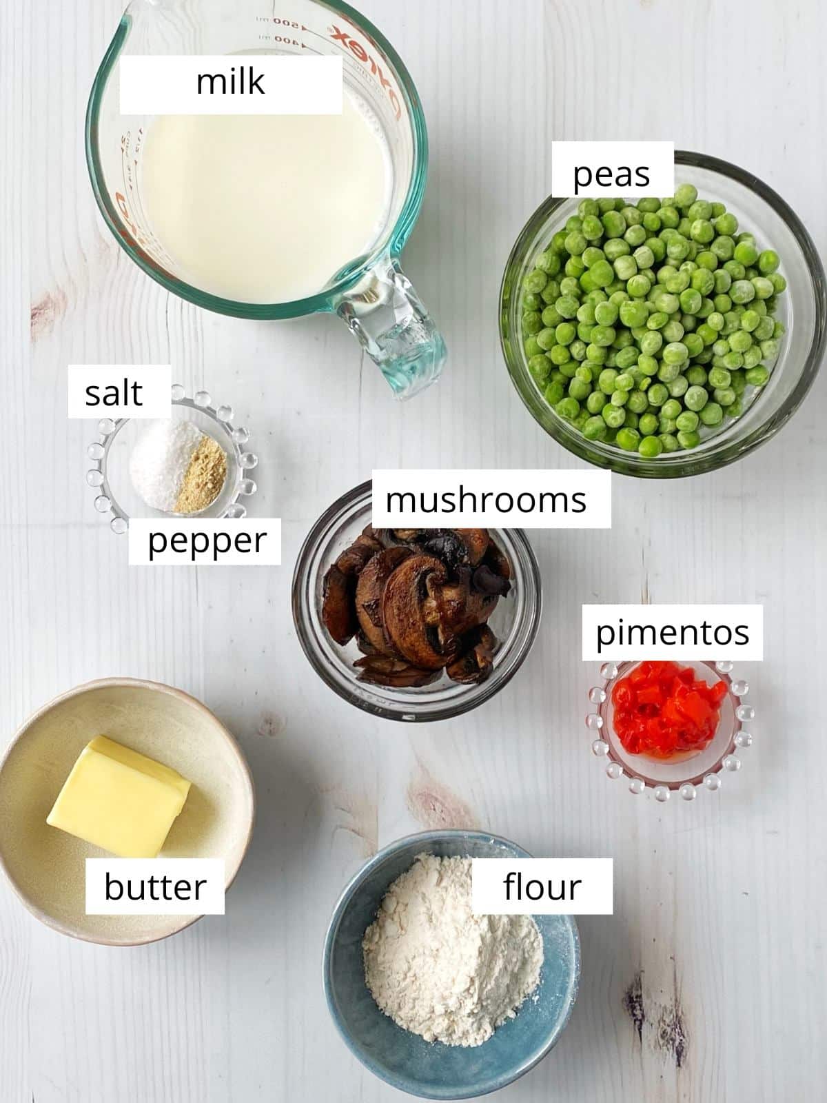 Ingredients for cream sauce with peas and mushrooms.