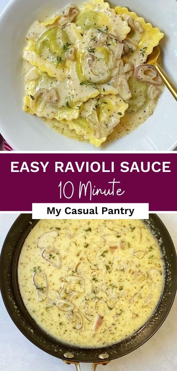 Sauce in a skillet and a bowl of ravioli with sauce.