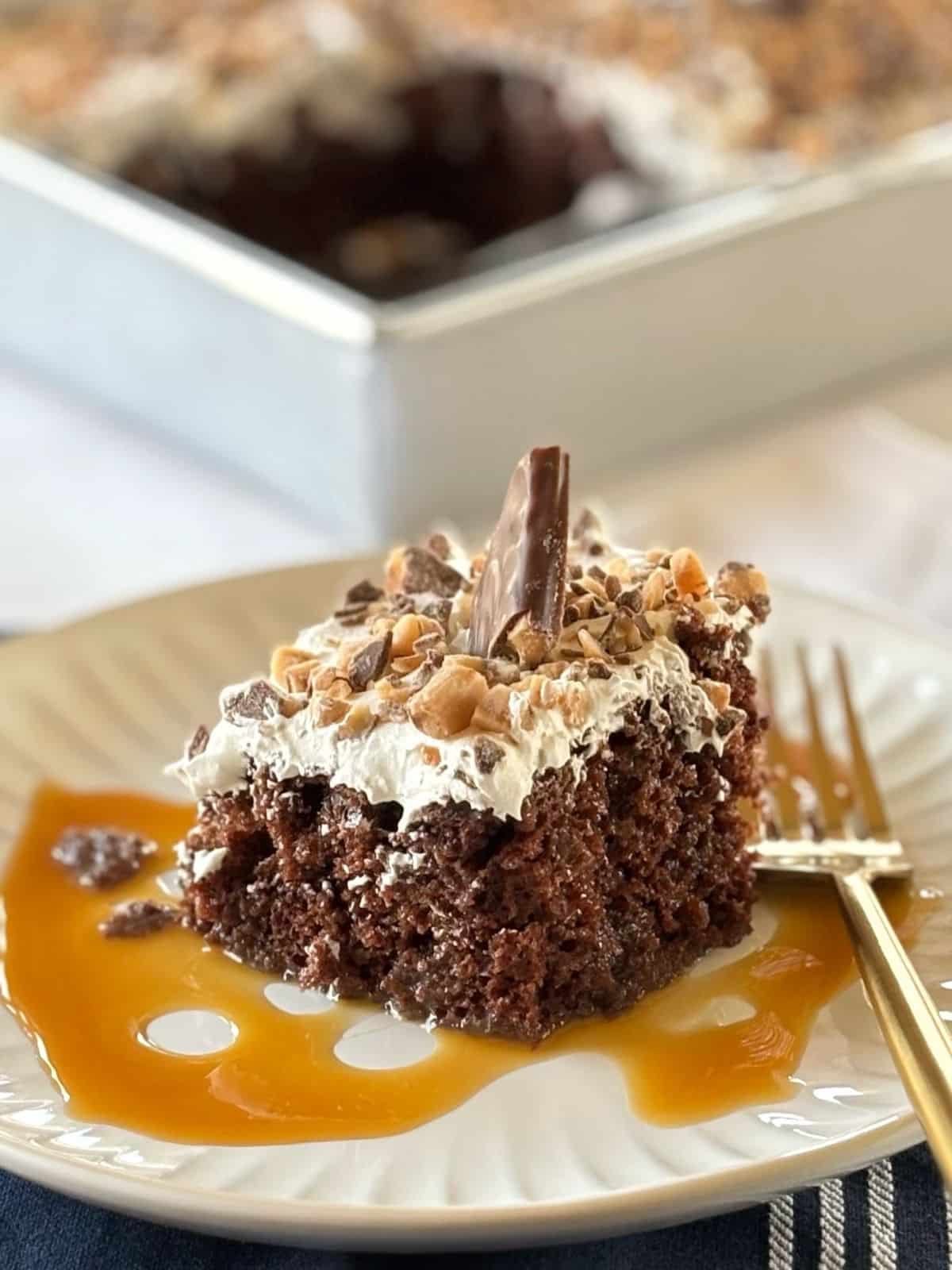 A plate with cake and caramel sauce next to the pan of cake.