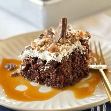 Cake with caramel sauce on a plate.