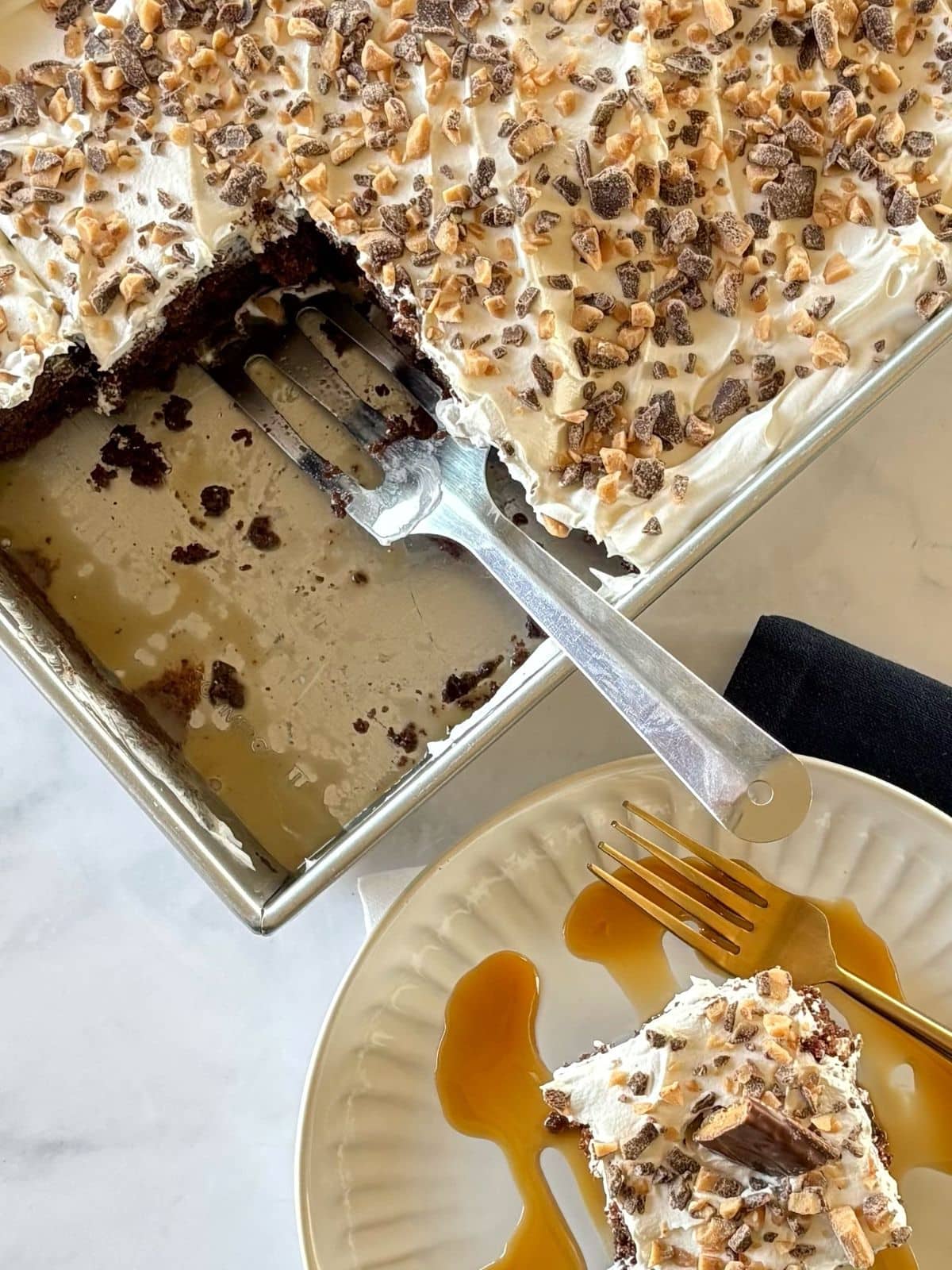 Cake on a plate next to the pan of cake.