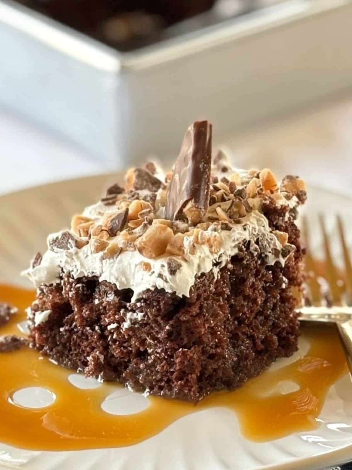 Piece of cake on a plate with a fork.