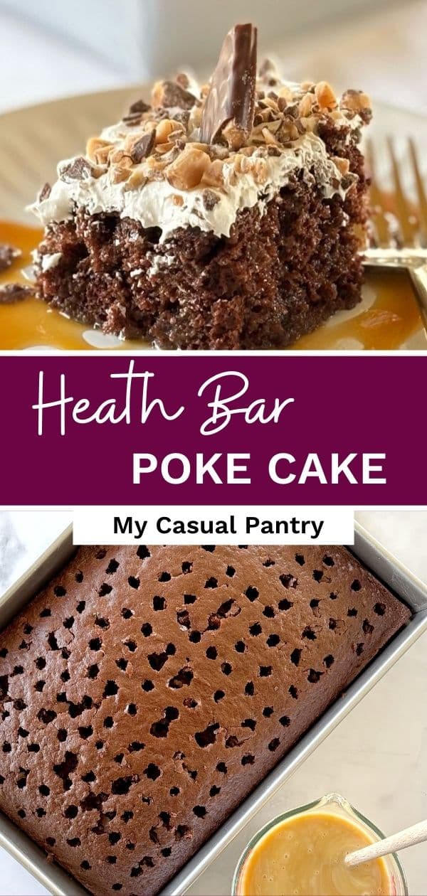 A slice of cake on a plate and a pan of cake with holes poked in the top.