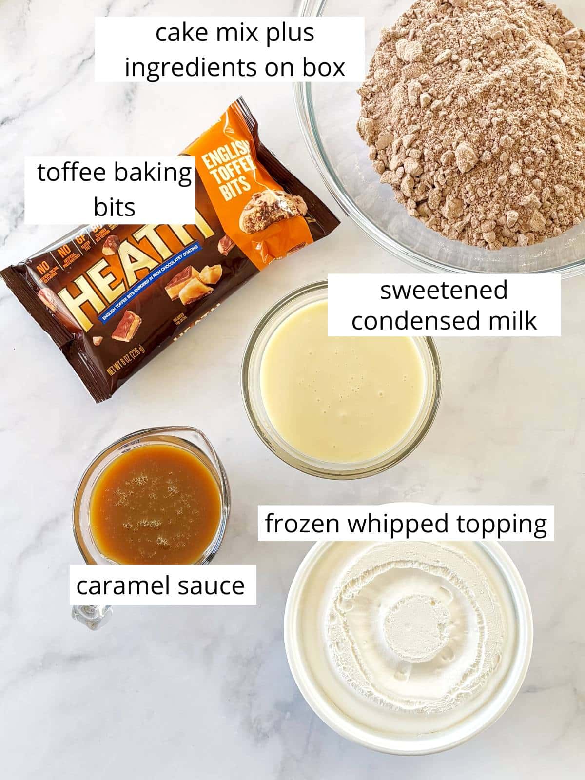 Ingredients for Heath Bar poke cake.
