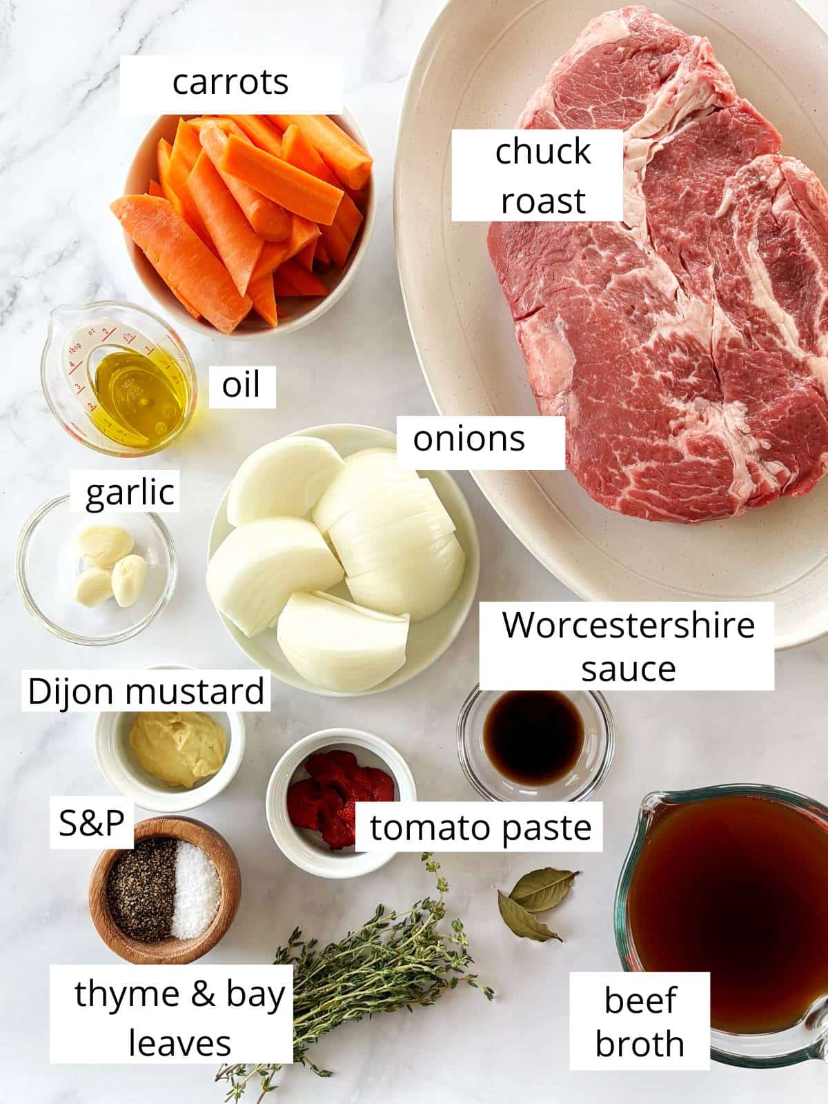 Ingredients for pot roast with vegetables.