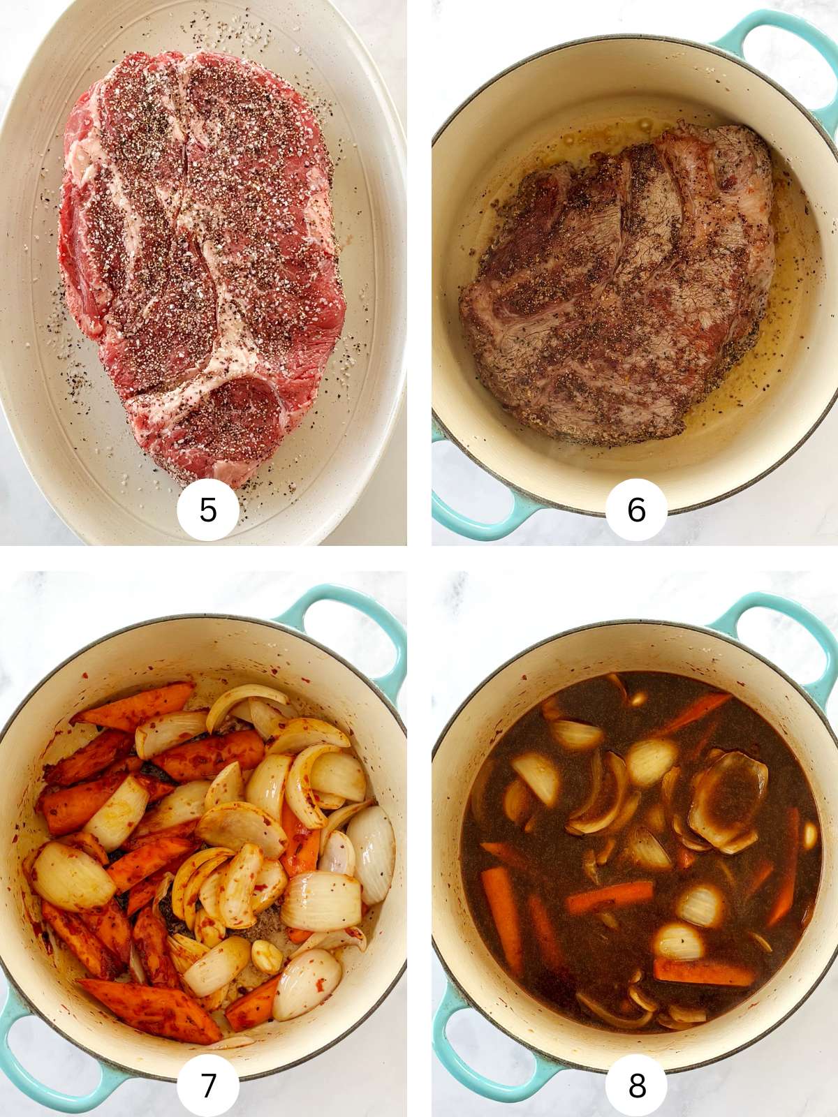 Seasoning and browning the meat, and browning the vegetables and adding the broth.