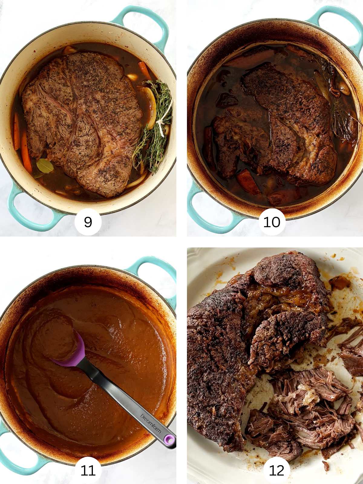 A heavy pot of roast and veggies, a pot of gravy, and shredded pot roast on a plate.
