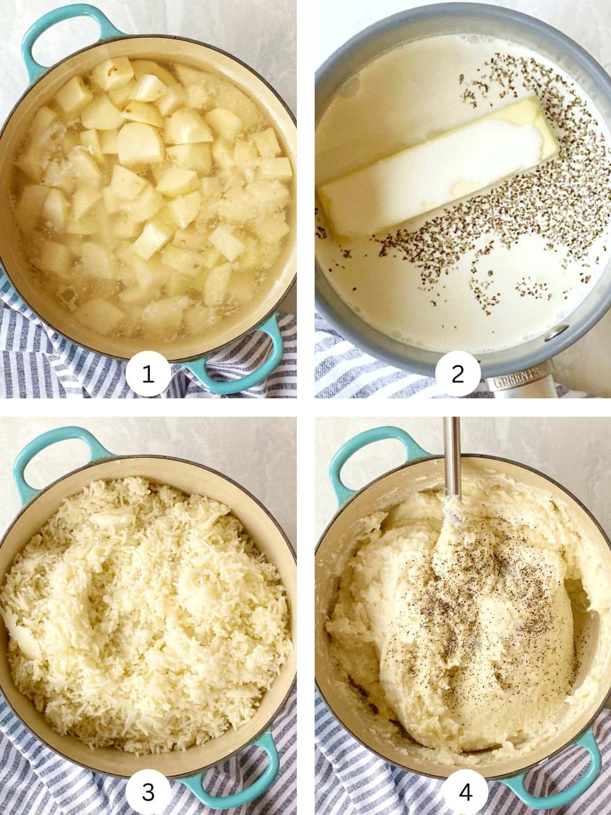 Cooking, ricing, and mashing potatoes.