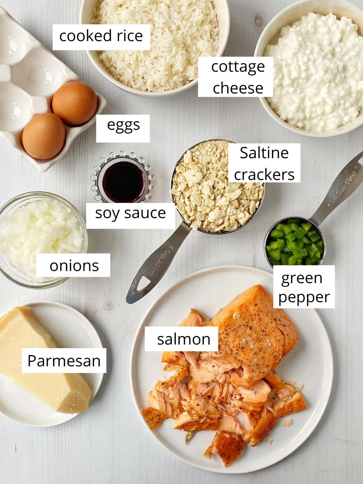 Ingredients for salmon and rice casserole.