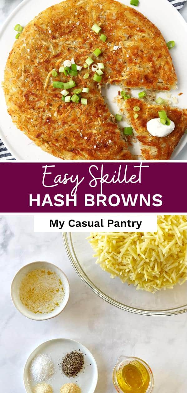 Hash browns on a platter and an array of skillet hashbrown ingredients.