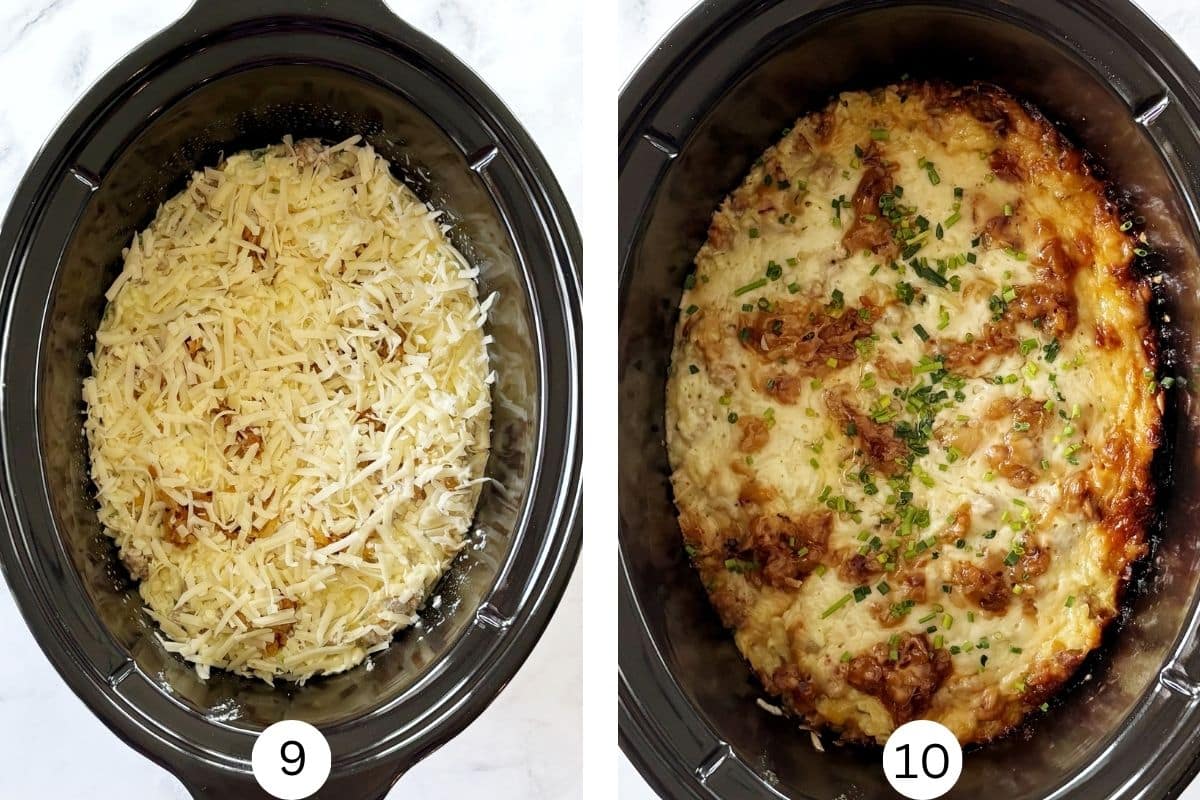 Potato, egg, and sausage mixture in slow cooker.