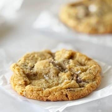 Cookie on a piece of parchment next to another cookie.