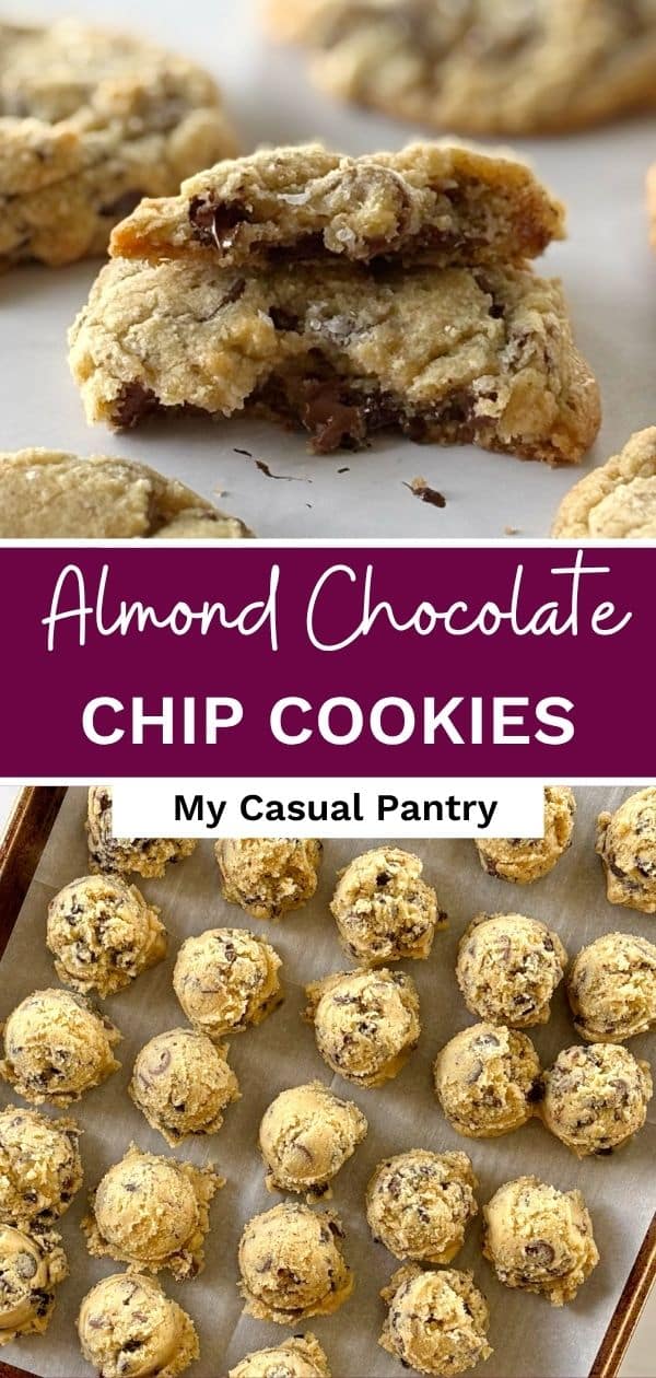 Cookie dough on a sheet pan and a baked cookie broken in half.
