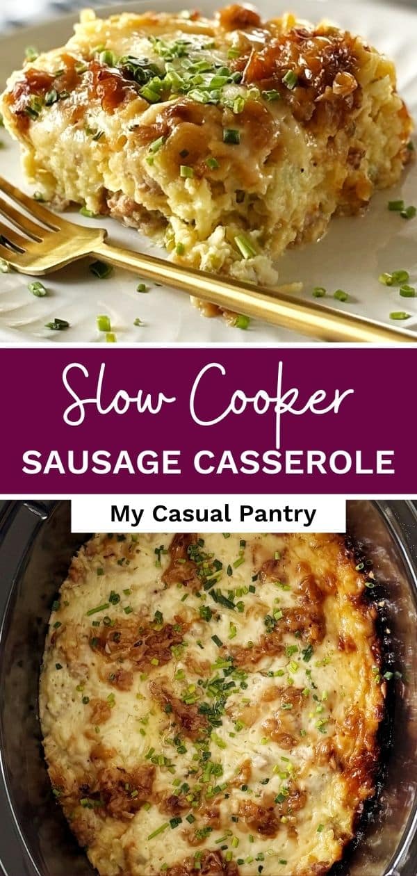 Casserole in slow cooker crock and a serving on a plate.