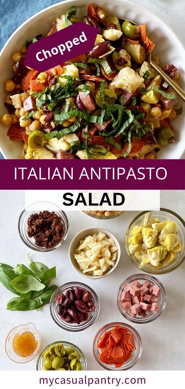 A bowl of antipasto salad and an array of the salad ingredients.