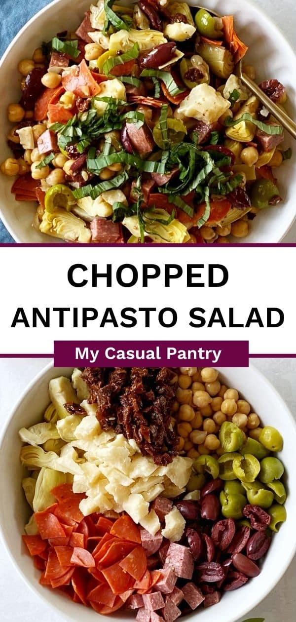 A bowl of tossed antipasto salad and a bowl with the ingredients added in groupings.