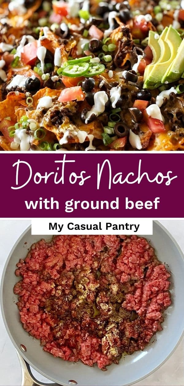 Nachos garnished with toppings and ground beef in a skillet.