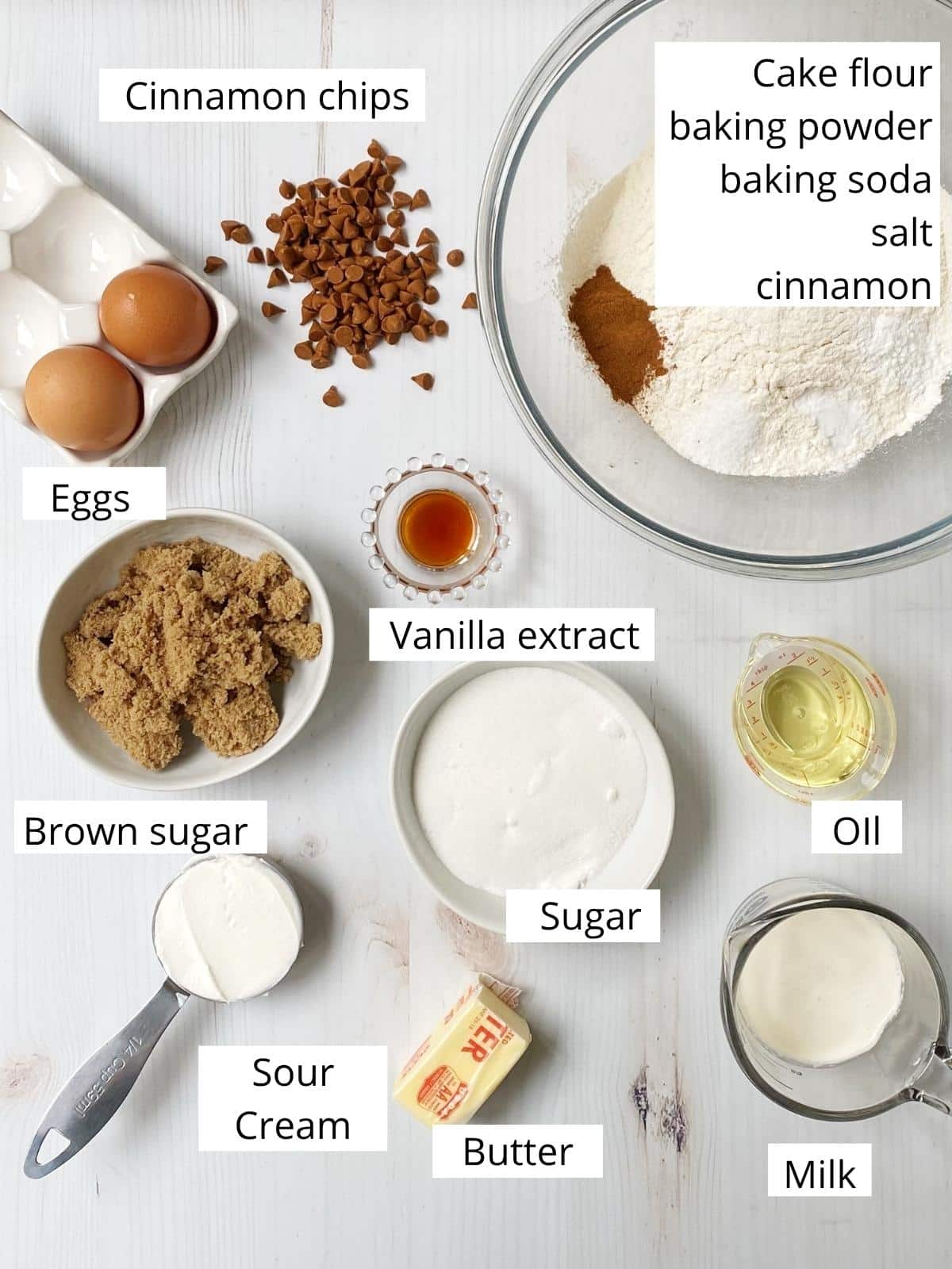 Ingredients for cinnamon chip muffins.