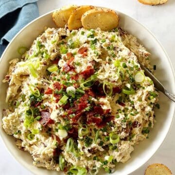 A bowl of pepperoni dip with bagel chips.