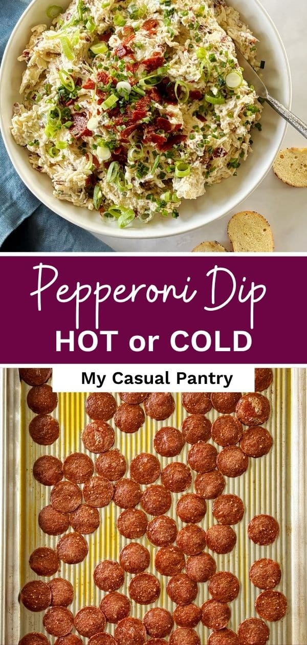 Pepperoni dip in a serving bowl and a pan of crispy pepperoni.
