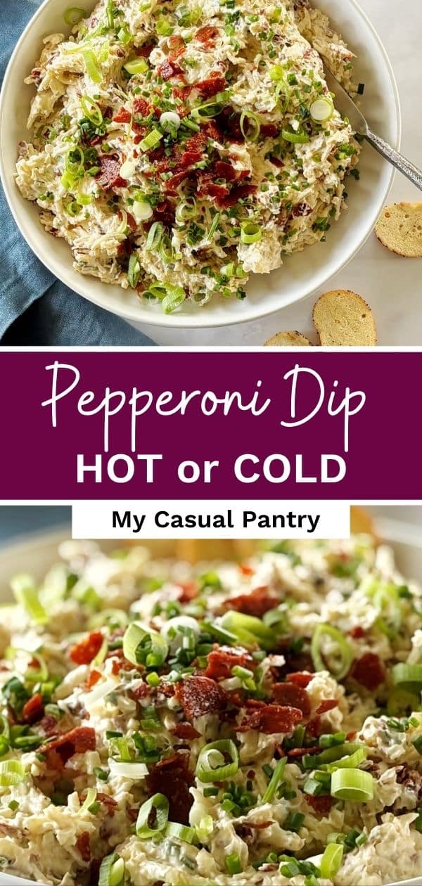 A spreader in a bowl of dip and a bowl of dip garnished with pepperoni, chives, and scallions.