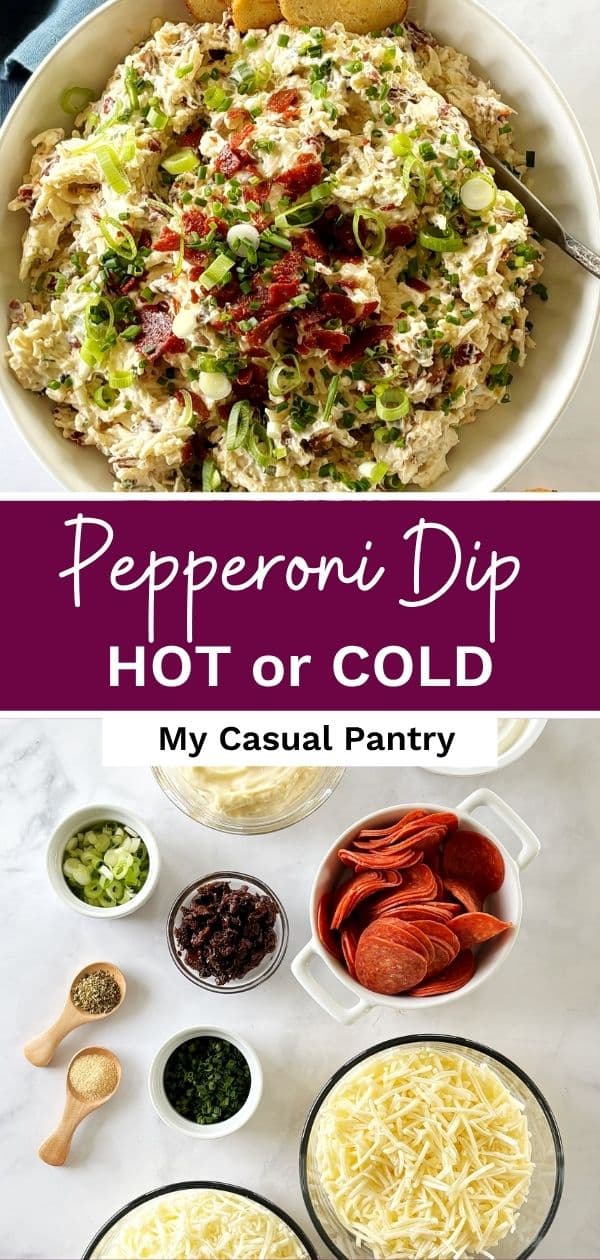 A dish of dip and an array of pepperoni dip ingredients.