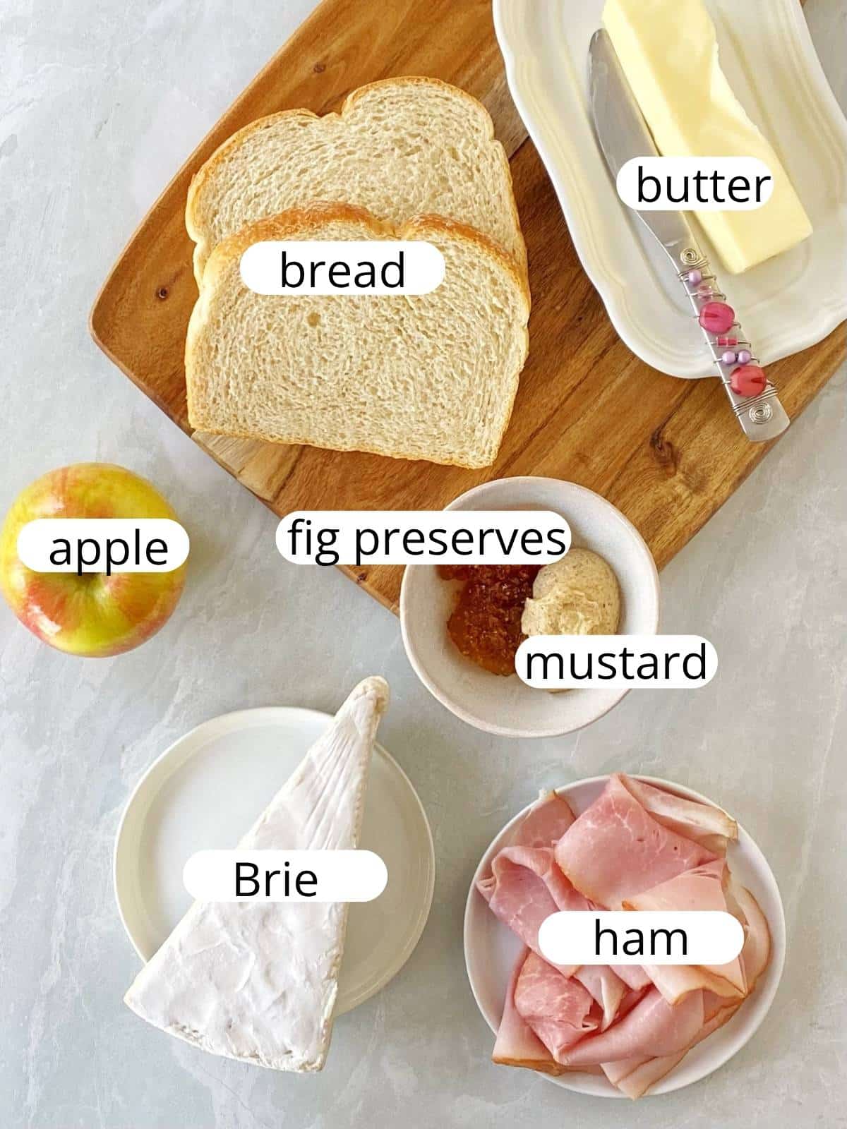 Ingredients for apple Brie grilled sandwich.