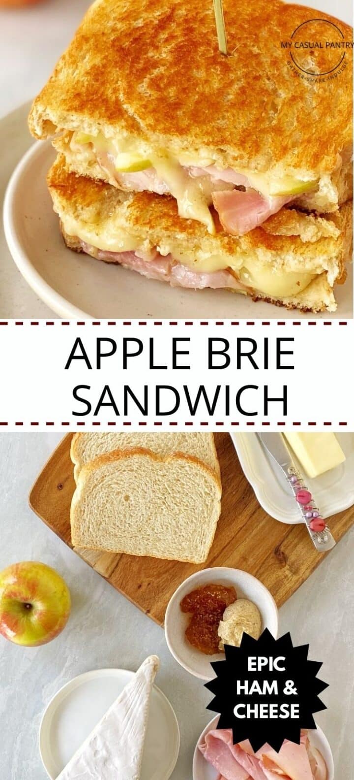 Sandwich sliced in half on a plate and an array of apple Brie sandwich ingredients.